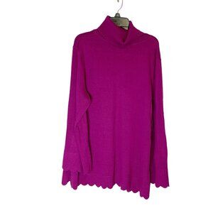 NWOT Isaac Mizrahi Fuchsia Turtleneck Bell Sleeve Scallop Hem Knit Sweater Large